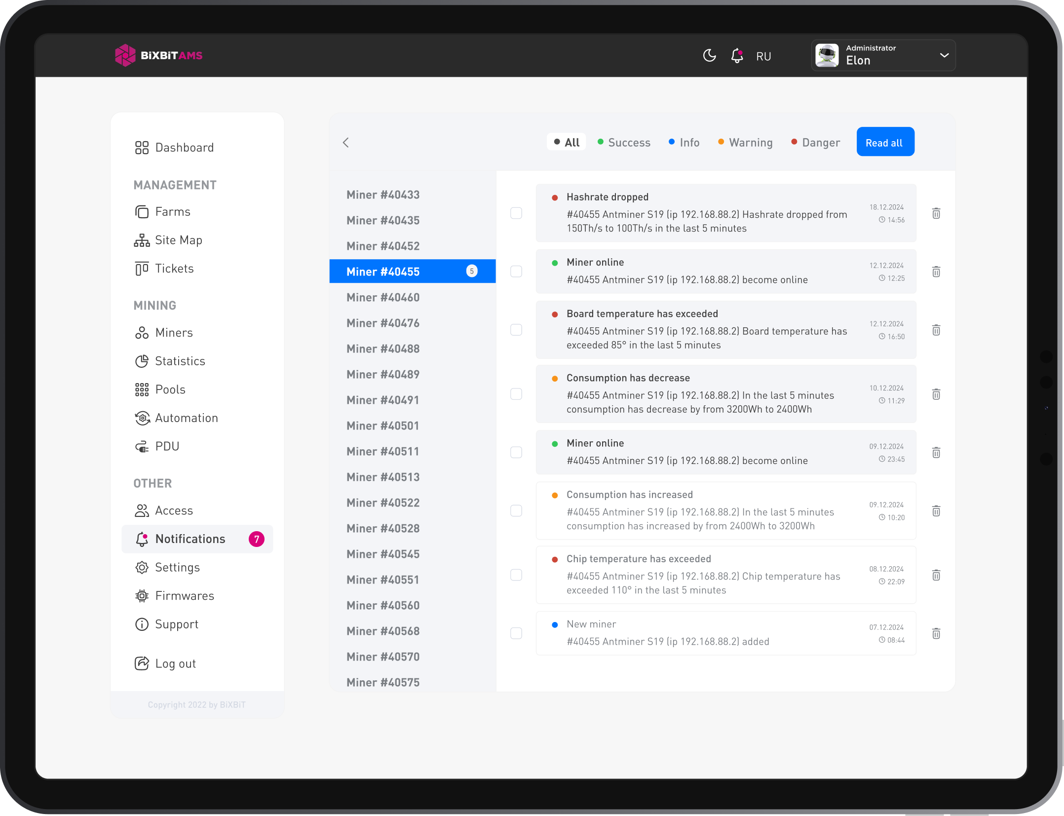 BiXBiT AMS miner notifications dashboard